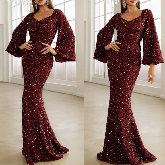 Luxe trumpet sleeve mermaid hem party formal sequins gown dress - Picture 1 of 16